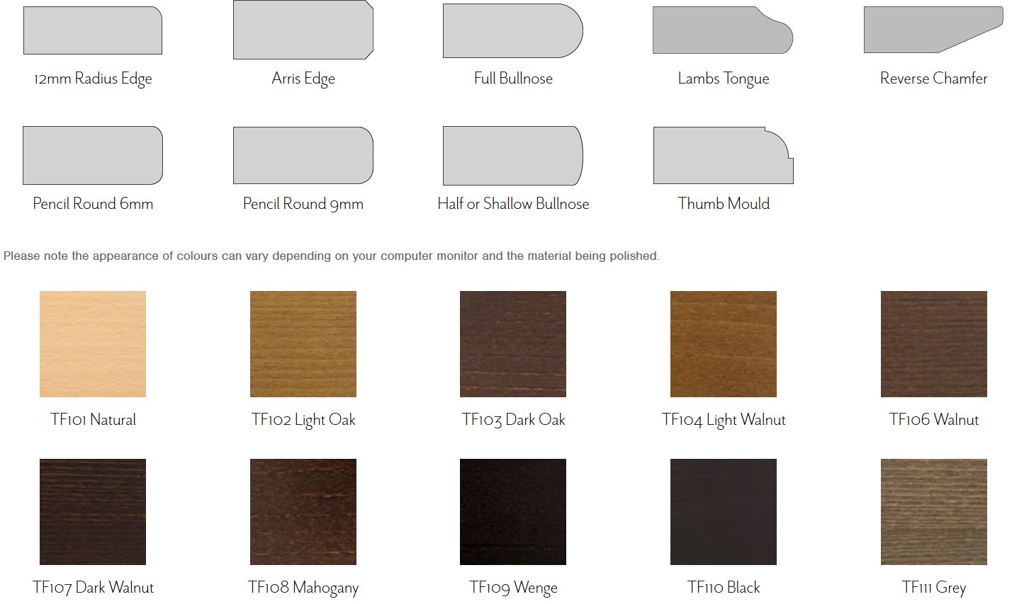 Edge Profiles & Stain Colours